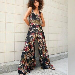 Free People Aloha Wide Leg Black Floral Jumpsuit Size M
